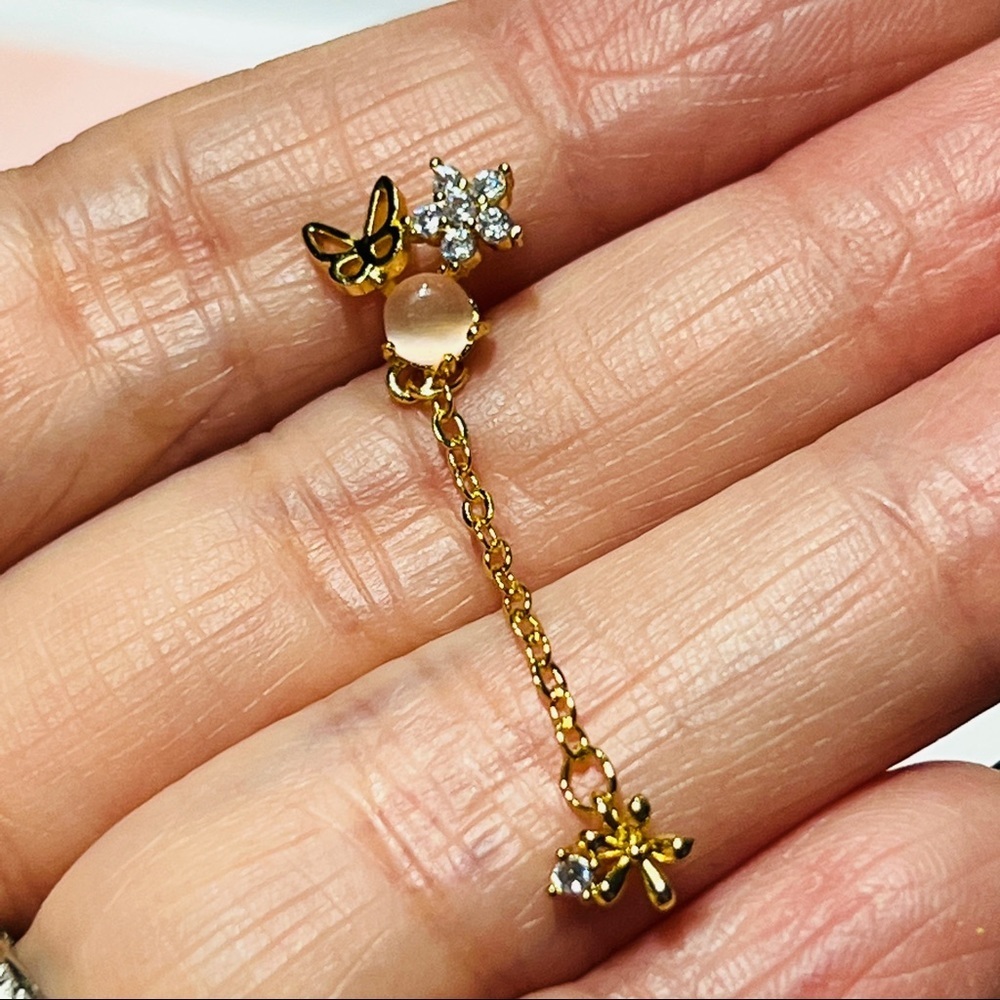 Pink Crystal Ball Floral Garden Butterfly Gold Pierced Drop Chain Earrings 2pc - Picture 4 of 10